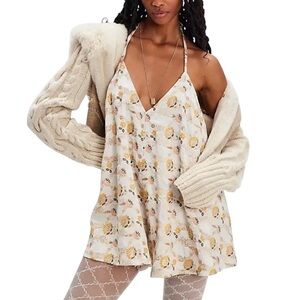Free People Chiara Romper Cream Gold Pink Embroidered Playsuit Onsie Sz M NWT